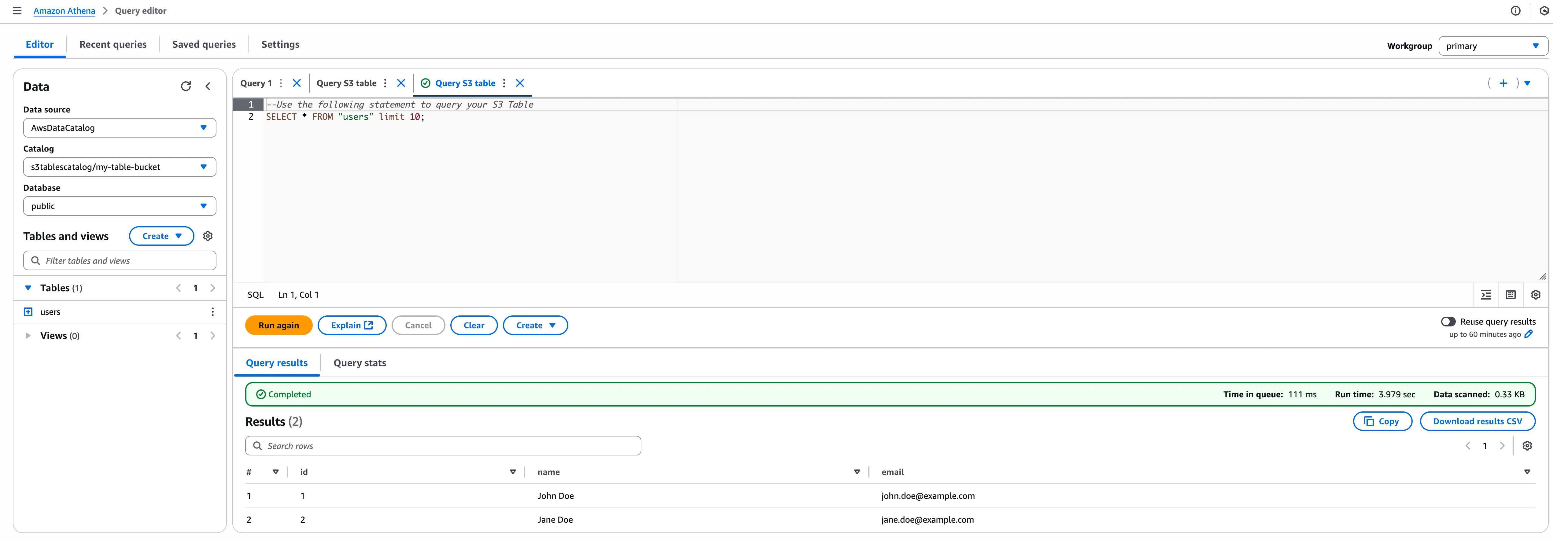 S3 table bucket query interface